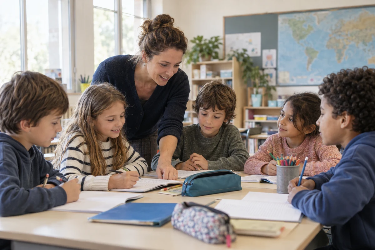 Illustration : des enfants apprennent avec leur enseignante dans une école