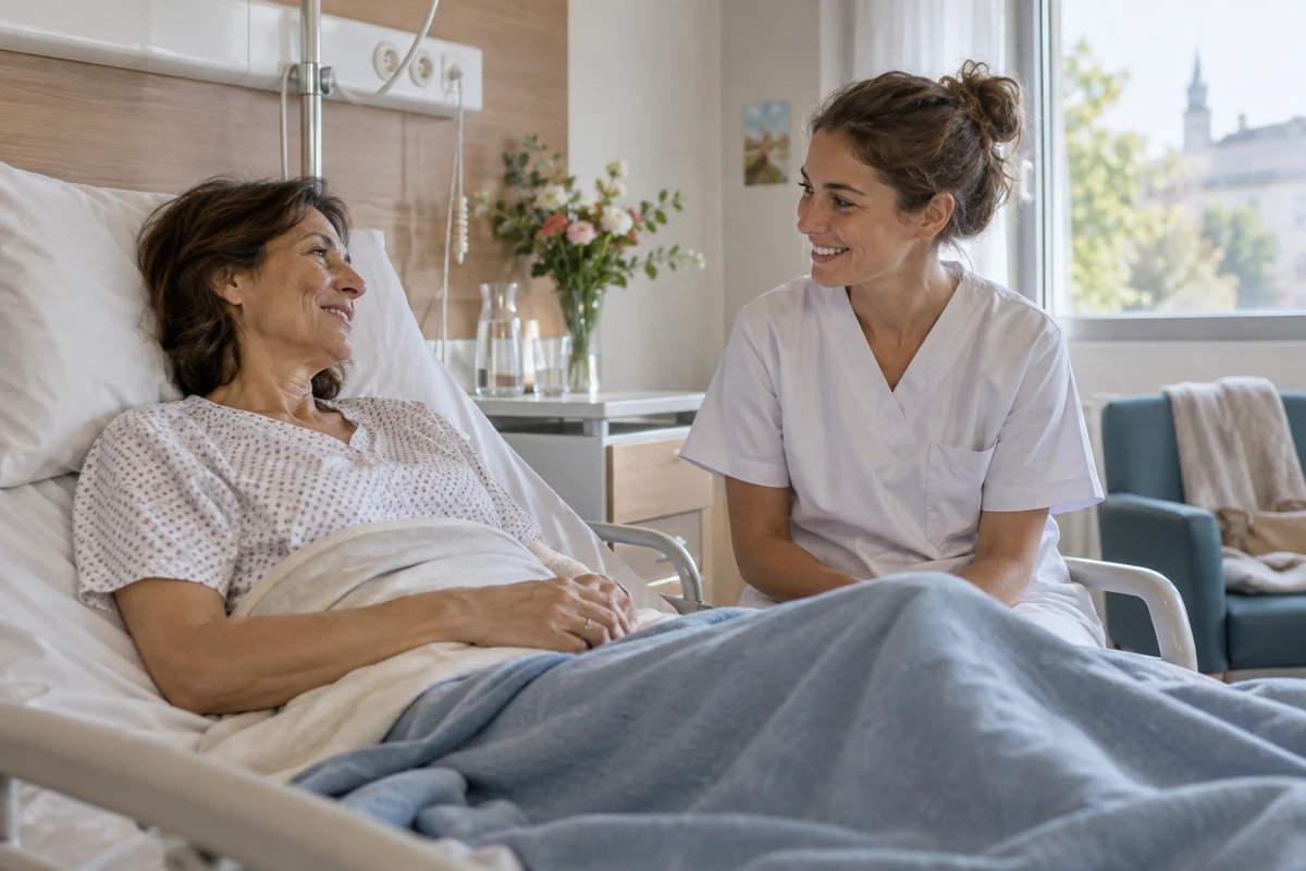 Illustration : un patient échange avec une infirmière dans une chambre d’hôpital